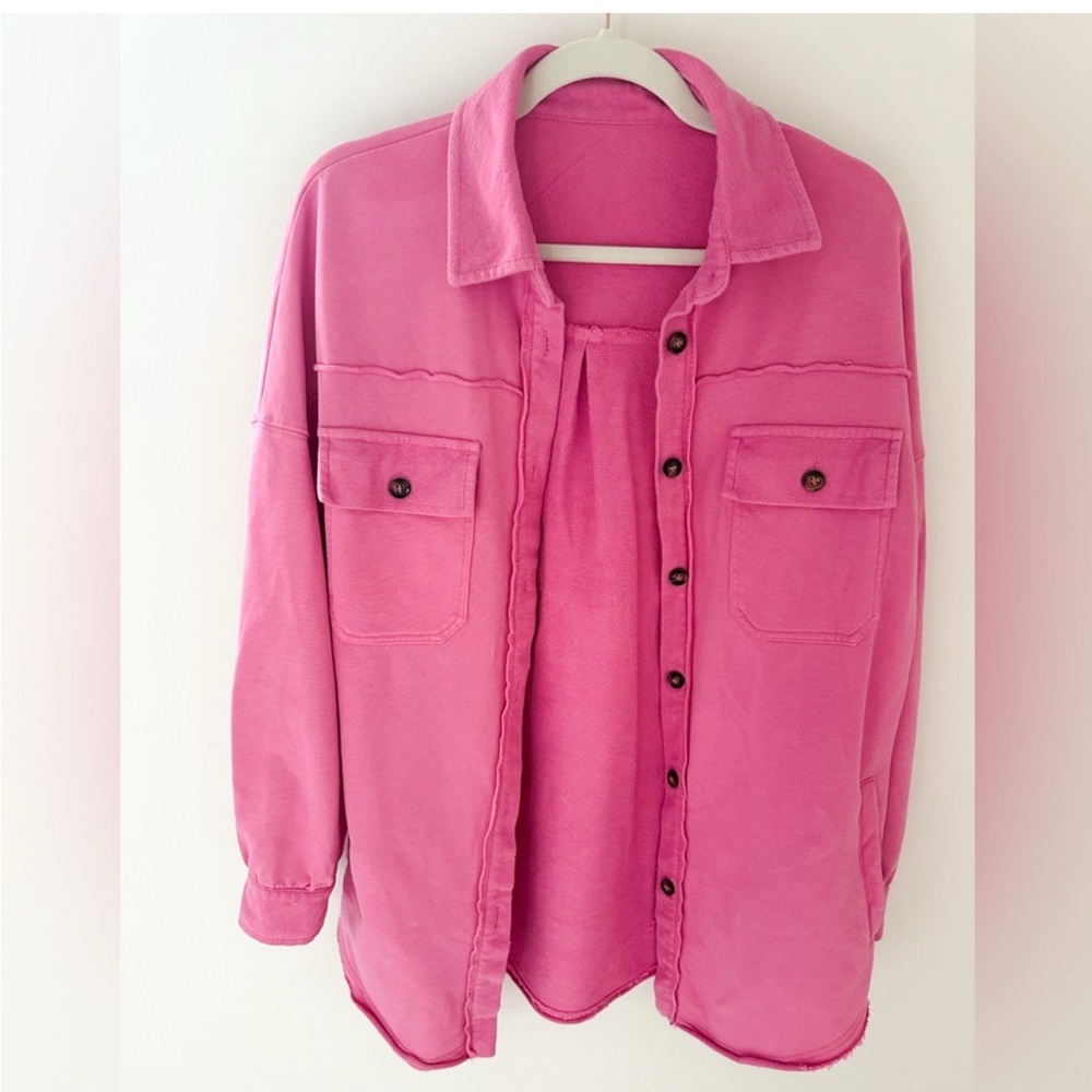Pink Oversized Button-Up Distressed Shirt Jacket/ Shacket - Picture 2 of 9